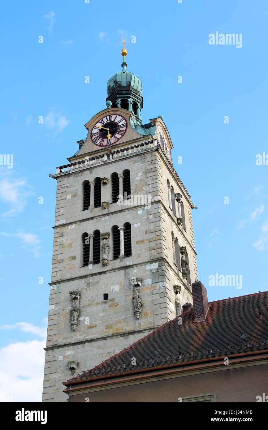 Bayern-Glockenturm clock Turmuhr Regensburg Kirche blau historischen Pfarrkirche Stockfoto