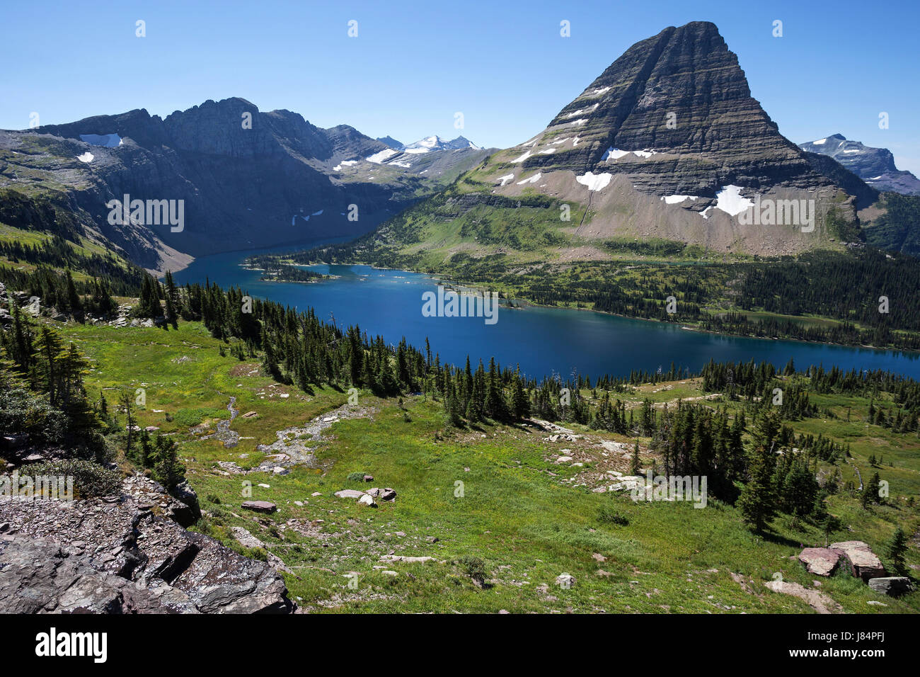 Versteckten See mit Bearhat Berg, Glacier Nationalpark, Rocky Mountains, Montana, USA Stockfoto