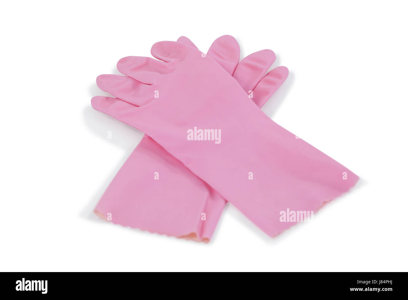 Paar lila Gummihandschuhe auf weißem Hintergrund Stockfoto