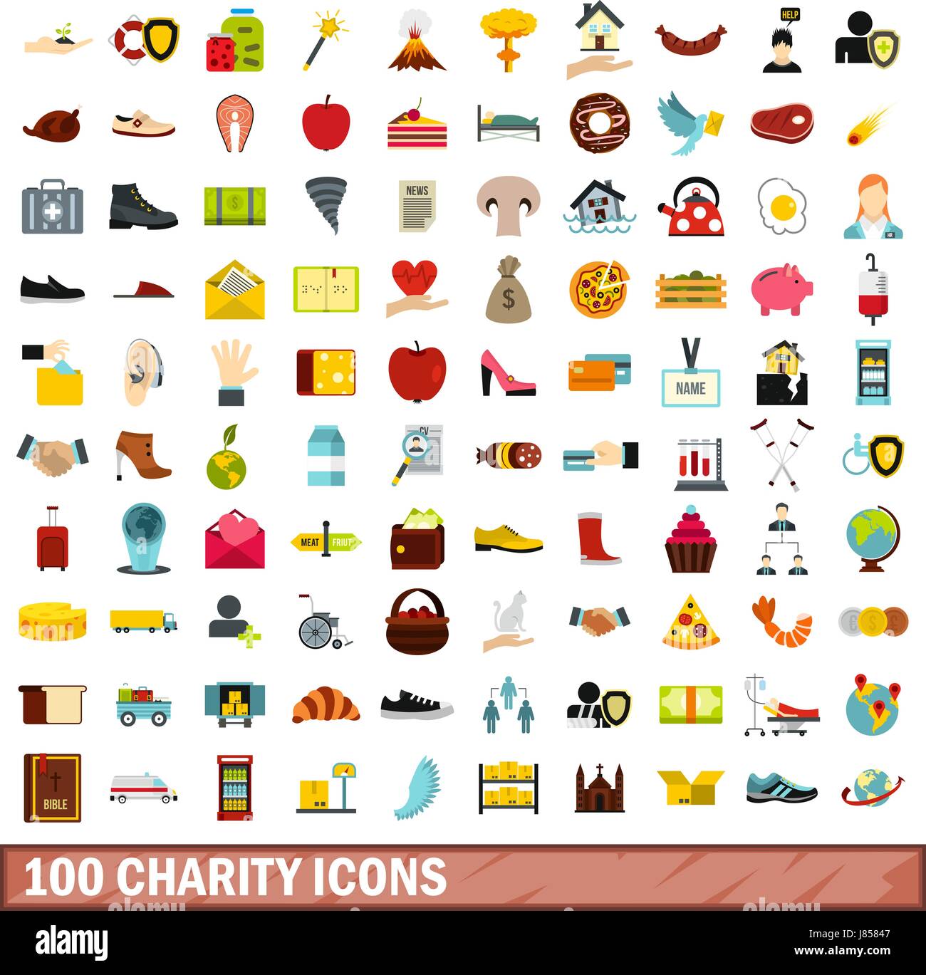 100 Nächstenliebe Icons set, flach Stil Stock Vektor