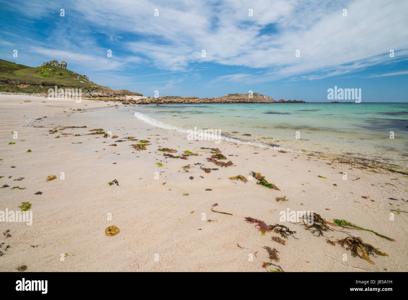 Warme sonnige Wetter auf der Insel St. Martin in die Isles of Scilly, die Großbritanniens heißesten Tag des Jahres im Jahr 2017. Stockfoto