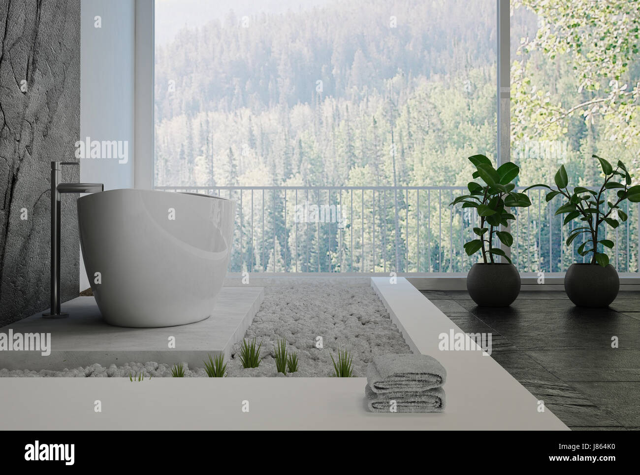 Stilvolle Designer Badezimmer Interieur Mit Kiesel Dekor Und Ein Weisses Boot Geformte Freistehende Badewanne Mit Schwarzen Stein Gefliesten Boden Und Wand Panel Vorne Stockfotografie Alamy