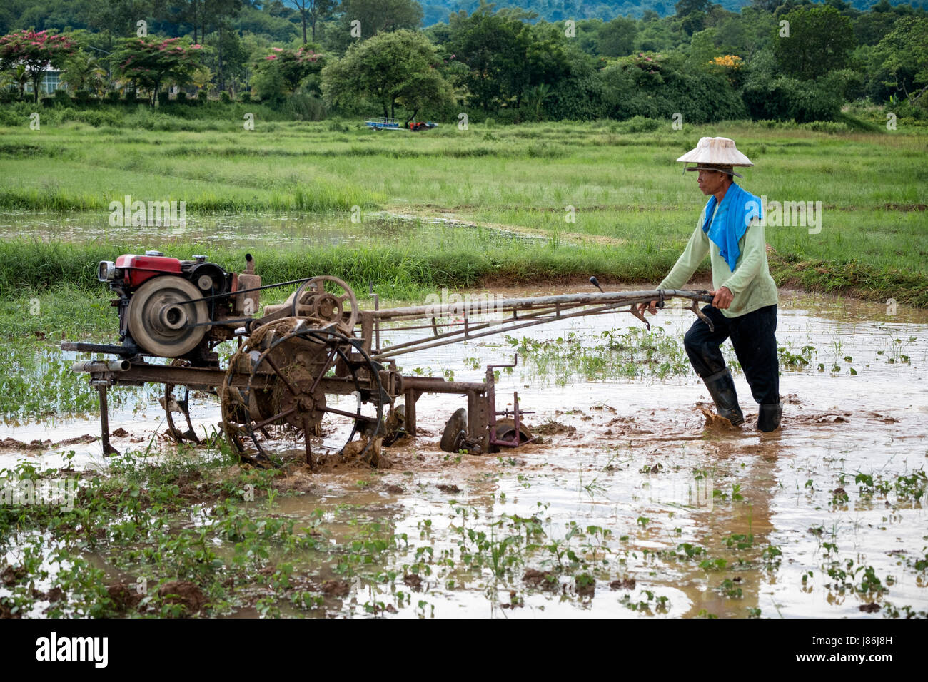 Nakhon Nayok, Thailand. 27. Mai 2017. Beginnen Sie mit dem Beginn der Regenzeit Bauern, die Reisfelder im ländlichen Thailand zu pflügen.  Ein Thai Bauer pflügt die Felder mit einem Hand-Traktor in Nakhon Nayok, Thailand. Bildnachweis: Lee Craker/Alamy Live-Nachrichten Stockfoto