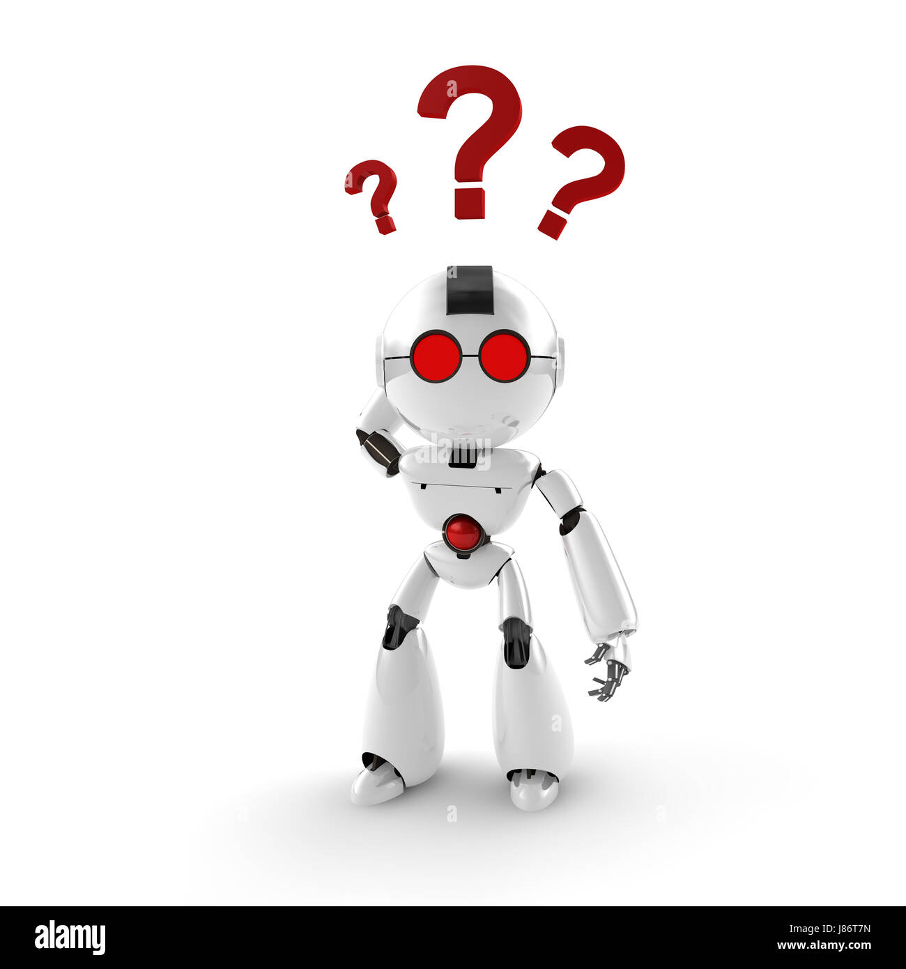 Abfrage gestellte Fragen Frage bedarf Fragezeichen Hilflosigkeit Ratlosigkeit Roboter Stockfoto