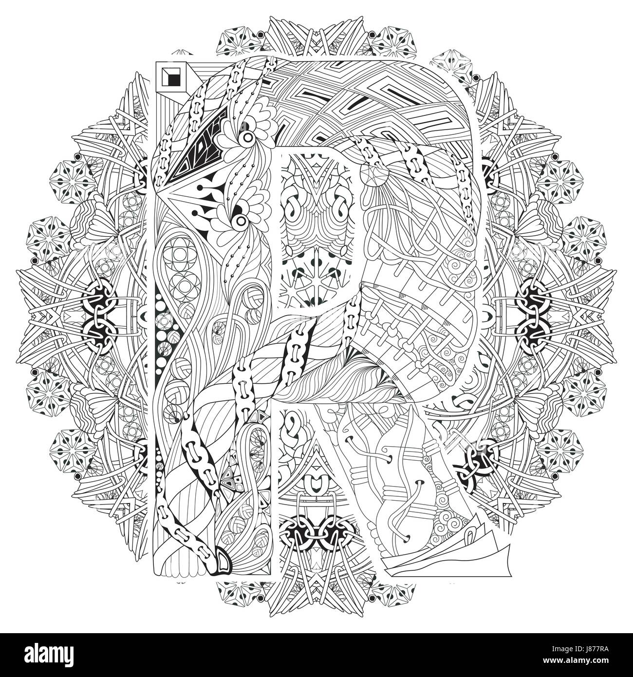 -Handgemalte Design. Erwachsenen Anti-Stress-Malvorlagen. Schwarz / weiß handgezeichnete Abbildung Mandala mit Buchstaben R für Malbuch Stock Vektor