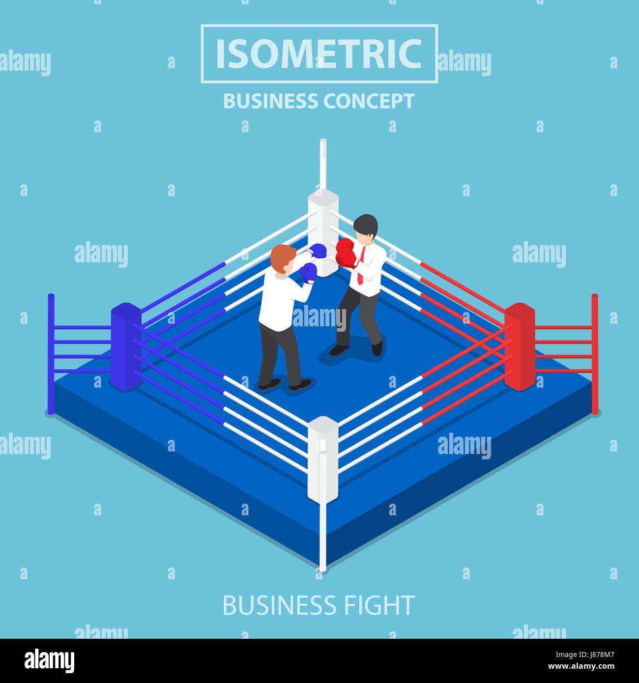 Flache 3d isometrische Geschäftsleute kämpfen am Boxring, Business-Wettbewerb-Konzept Stock Vektor