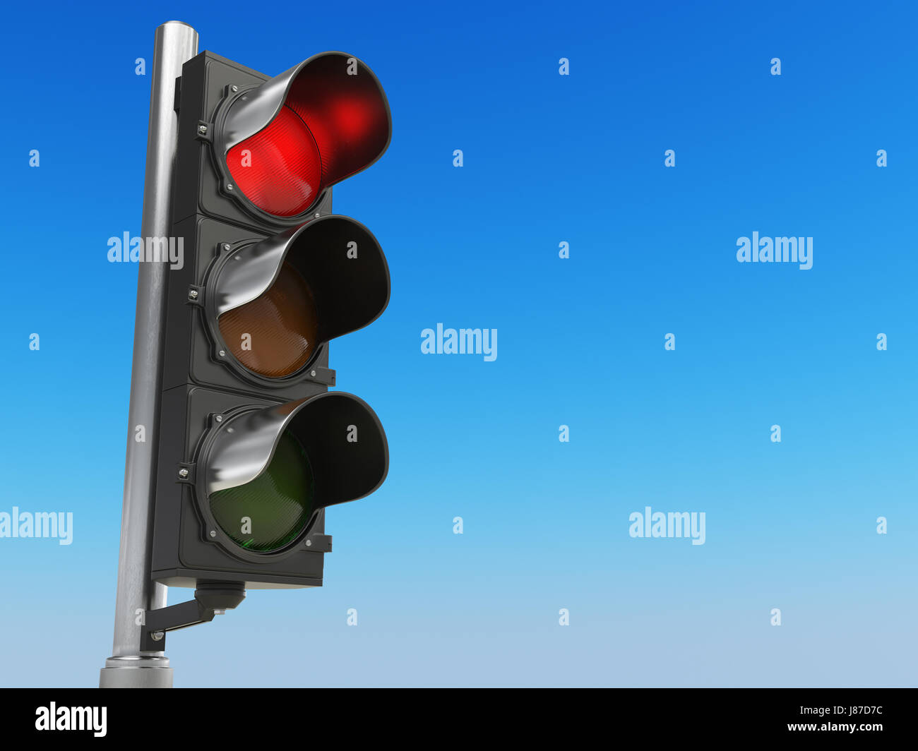 Ampel mit roter Farbe auf blauem Himmelshintergrund. Konzept zu stoppen. 3D illustration Stockfoto