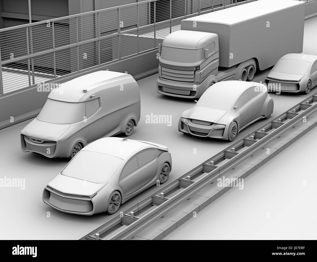 Clay Modell Rendern des Verkehrs Stau auf der Autobahn.  3D-Rendering Bild. Stockfoto