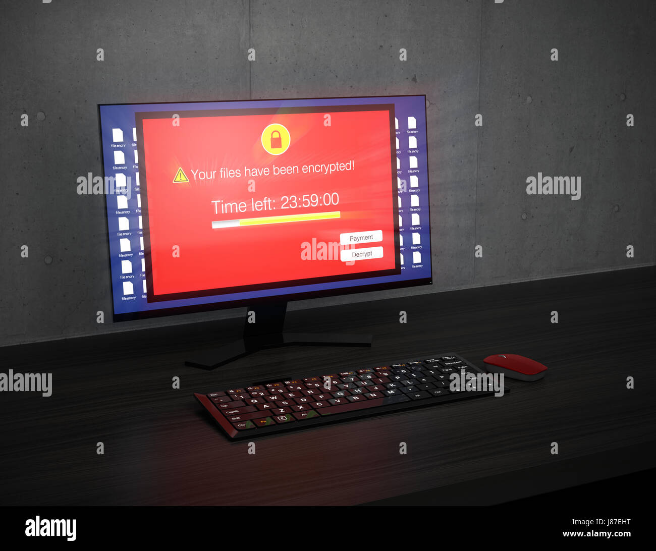 Desktop-Monitor zeigt Warnung, dass der Computer durch Ransomware angegriffen wurde. 3D-Rendering Bild. Stockfoto