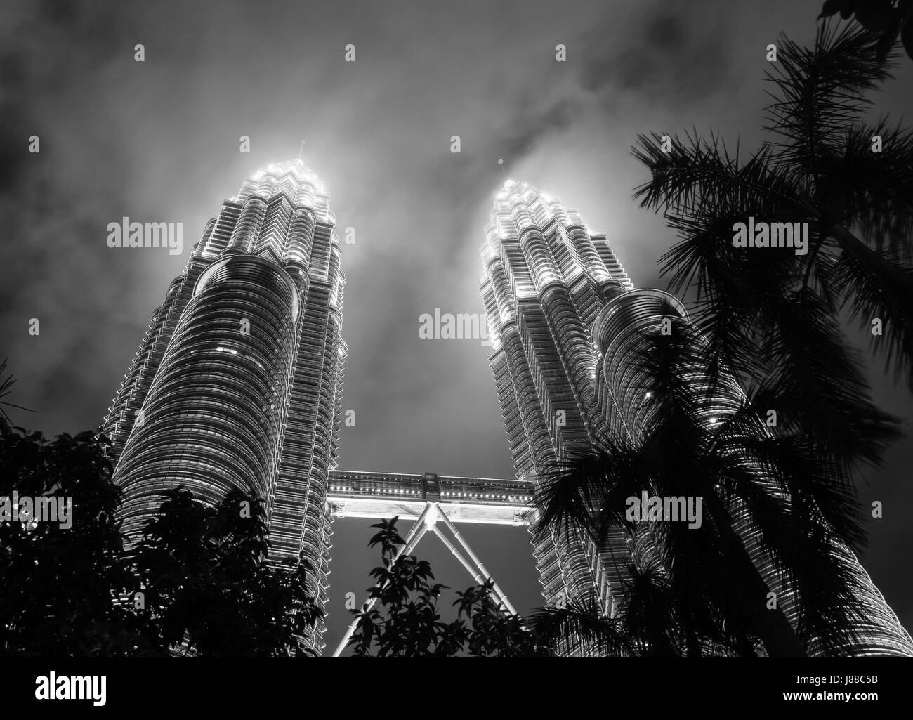 Schwarz / weiß Bild von den Petronas Towers in einer nebligen Nacht. Aufgenommen am Boden geschossen durch Öffnung in den Bäumen. Stockfoto