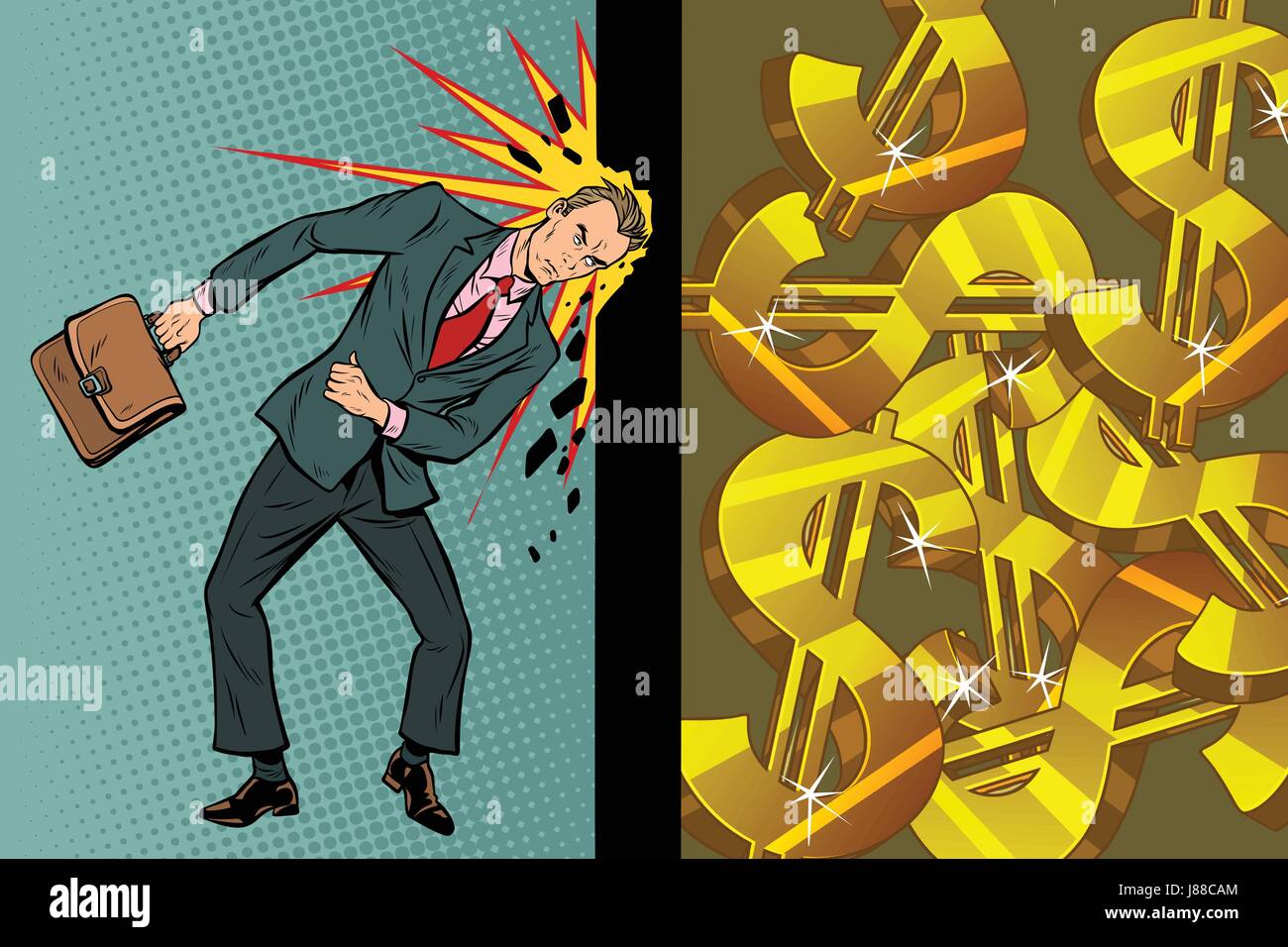 Geschäftsmann bricht die Wand seines Kopfes, Dollar und Reichtum Stock Vektor