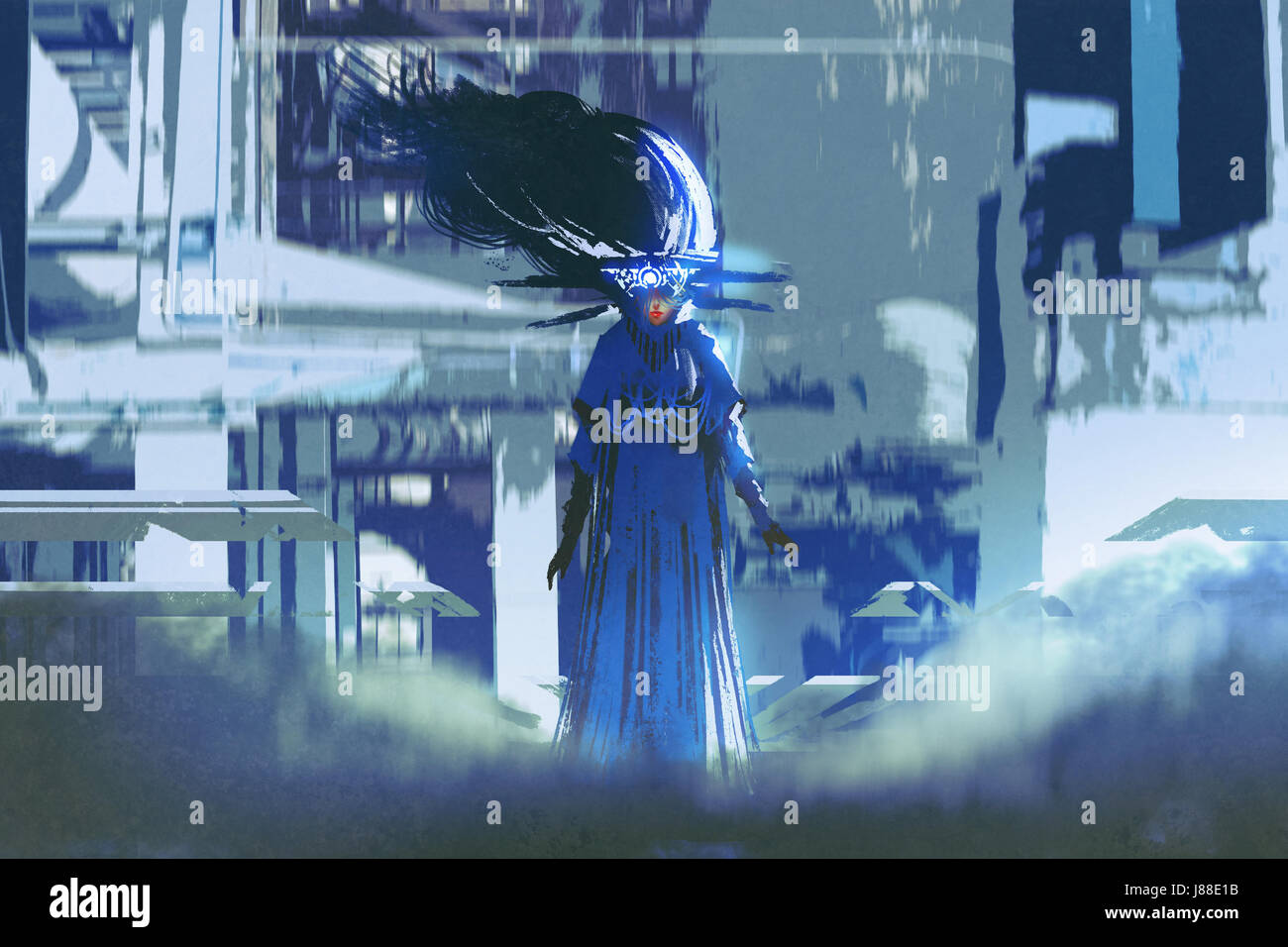 Sci-Fi-Charakter der Frau in einem blauen Kleid steht in futuristischen Stadt mit digitaler Kunststil, Illustration, Malerei Stockfoto