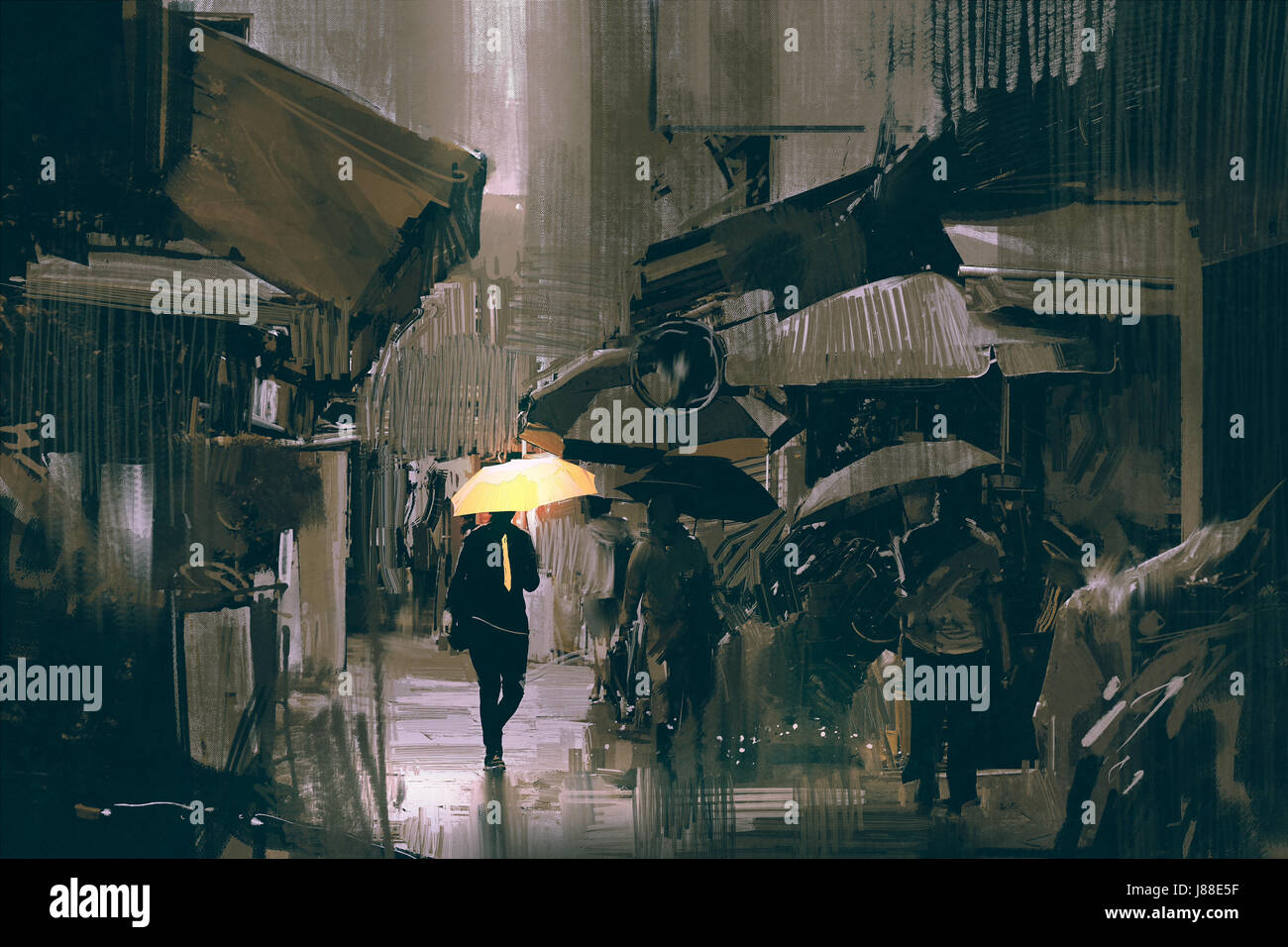 der Mann mit leuchtenden gelben Regenschirm Wandern in Stadt Gasse im regnerischen Tag mit digitaler Kunststil, Illustration, Malerei Stockfoto