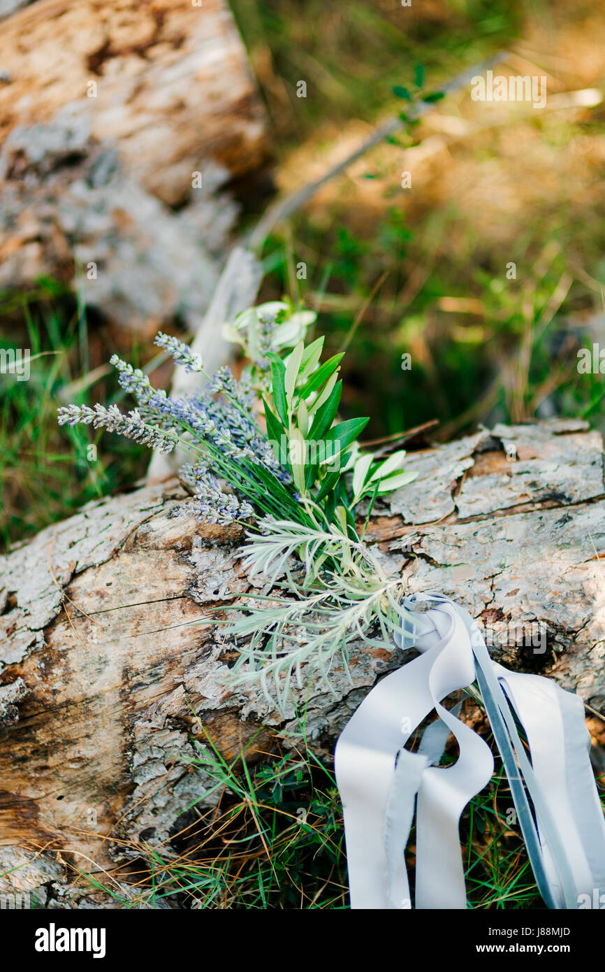 Brautstrauß mit Lavendel Band auf Baumrinde Stockfotografie Alamy