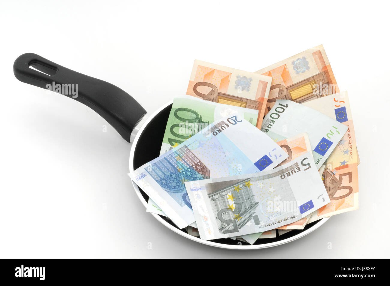 Euro, Geld, Topf, Pfanne, Euro, Kochen, Köche, Kochen, Kochen, Geldschein, Stockfoto