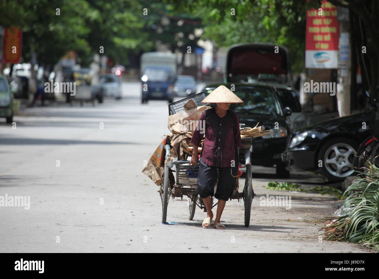 Frau mit Handwagen in den Straßen von vietnam Stockfoto