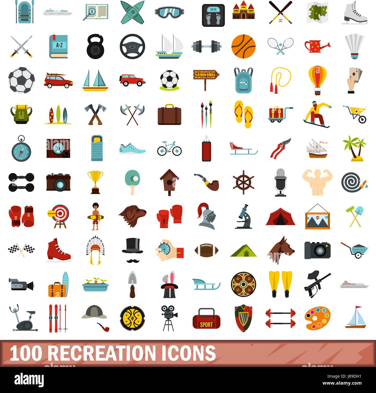 100 Erholung Icons set, flach Stil Stock Vektor