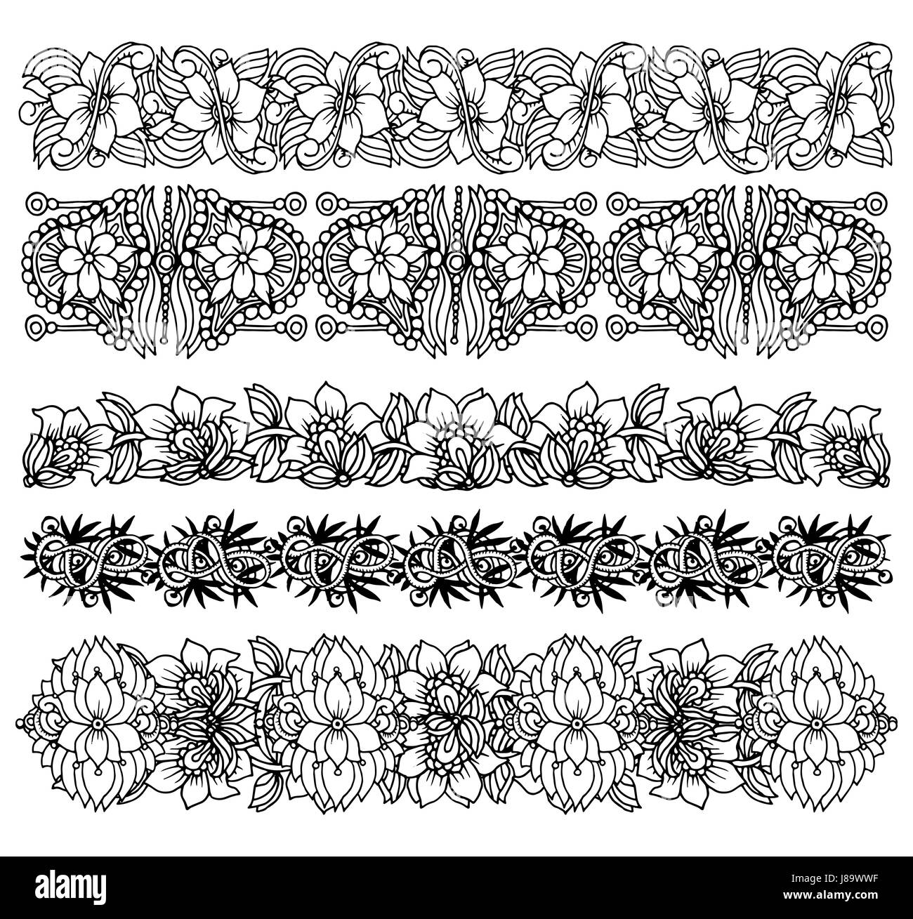 Grenze der Pinsel set mit Blumen-design Stock Vektor