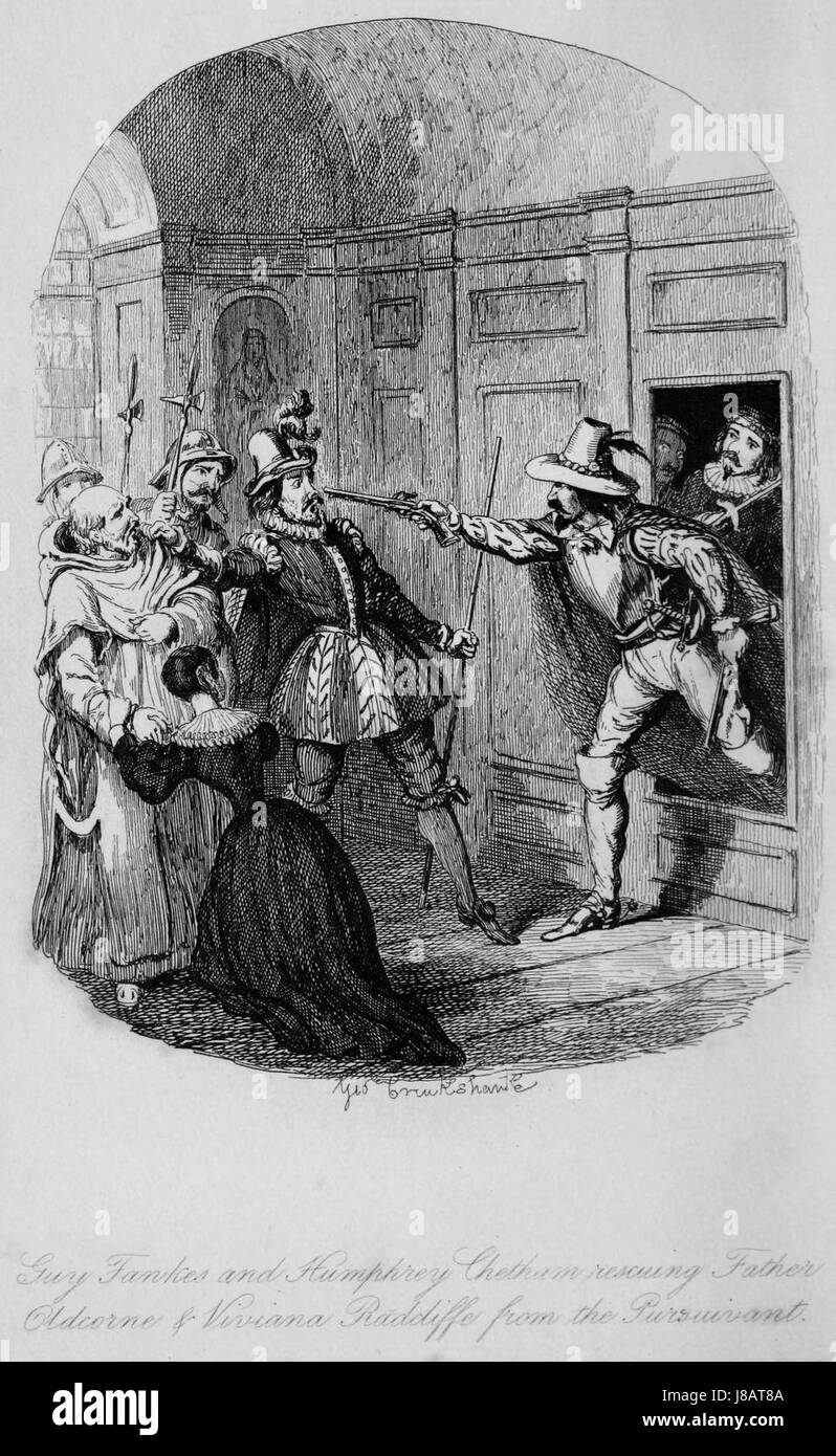 Das Frontispiece von Guy Fawkes aus dem Jahr 1841 stellt ein ikonisches Bild dar, das mit der berüchtigten Figur in der britischen Geschichte verwandt ist. Das Kunstwerk stellt eine visuelle Darstellung des Charakters dar, der für den Gunpowder Plot von 1605 von zentraler Bedeutung ist. Stockfoto