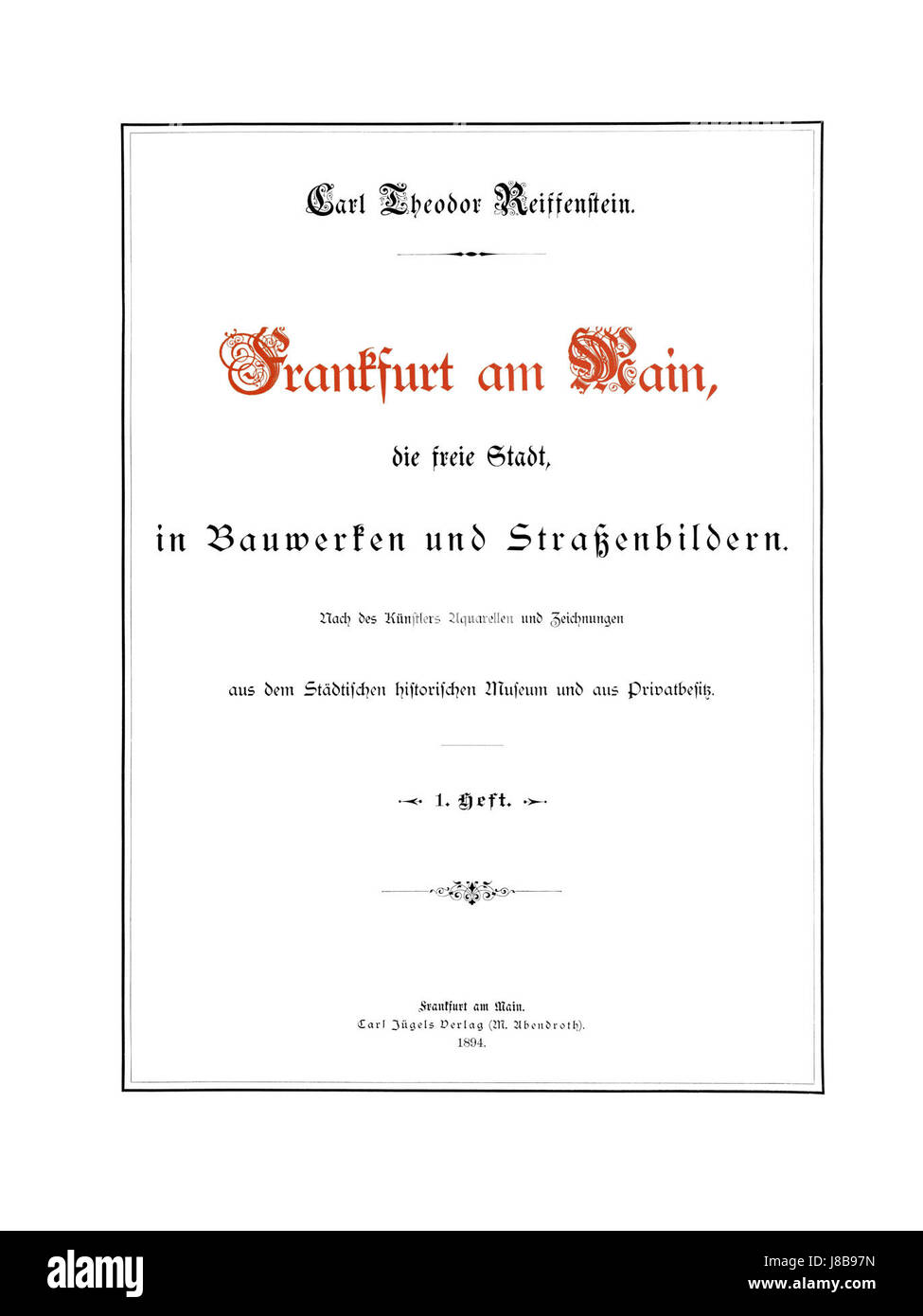 Das Bild ist das Titelbild des „FFMDFSIBUS Jahrbuchs“ (Heft 01, 1894) von Carl Theodor Reiffenstein, das das Stadtbild Frankfurts am Main darstellt. Stockfoto