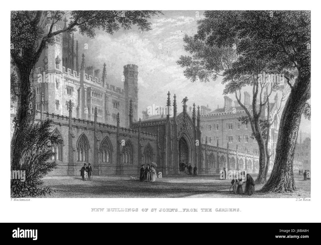 LeKeux Cambridge, c1840 St Johns 01, New Court aus den Gärten memorialsofcambr01wriguoft 0166 Stockfoto