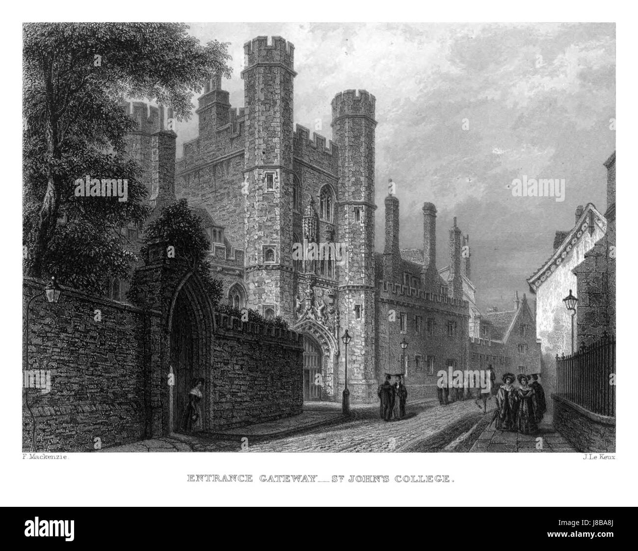 Eine Illustration oder ein historisches Dokument, das sich auf das Eingangstor des St. John's College, Cambridge, aus der Zeit um 1840 bezieht, möglicherweise mit architektonischen oder denkmalgeschützten Details. Stockfoto