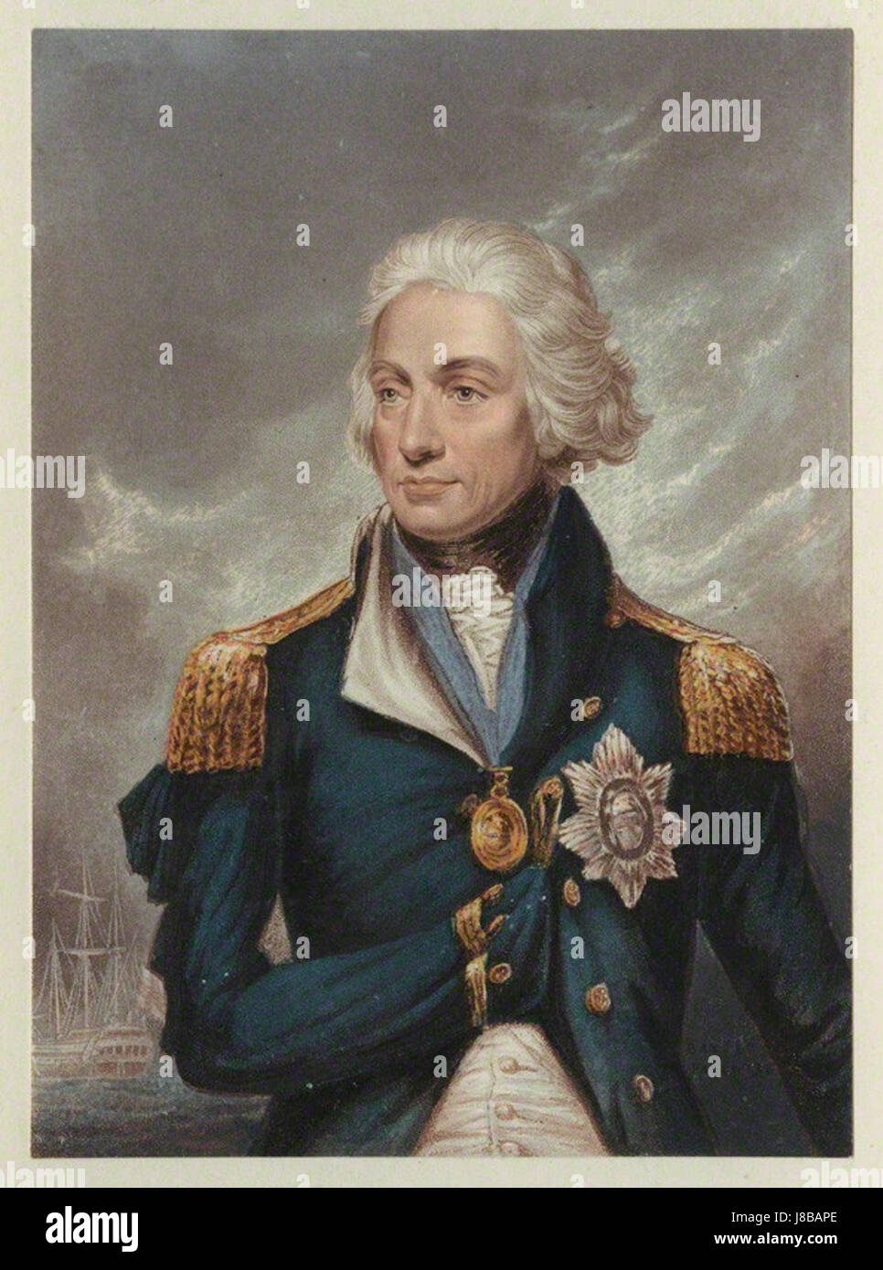 Dieses Porträt von Horatio Nelson, produziert von George Baxter nach Lemuel Francis Abbott, stellt den berühmten britischen Marineoffizier in seiner ikonischen Uniform dar. Das Werk ist eine Hommage an Nelsons Tapferkeit und seinen Status als Militärführer. Stockfoto