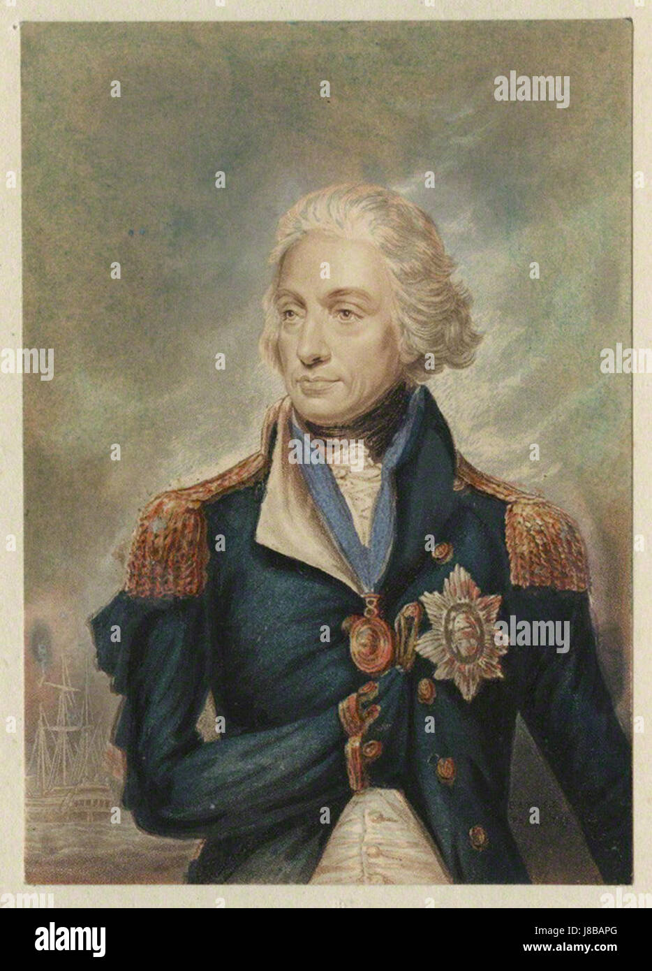 Dies ist eine Reproduktion des berühmten Porträts von Admiral Horatio Nelson, erstellt von George Baxter, basierend auf dem Originalwerk von Lemuel Francis Abbott. Es fängt das Gleichnis von Nelsonâ ein, das für seine Marineleistungen gefeiert wurde. Stockfoto