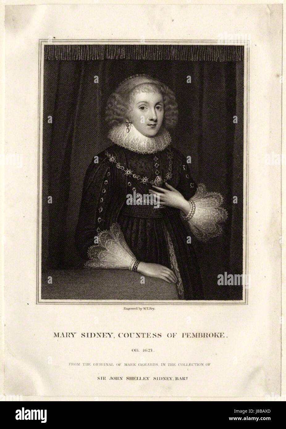 Dieses Gemälde von Mary Herbert, Gräfin von Pembroke, von William Thomas Fry basiert auf dem Porträt, das ursprünglich von Marcus Gheeraerts dem Jüngeren geschaffen wurde. Es ist ein historisches Stück, das die prominente Adlige aus der englischen Renaissance darstellt. Stockfoto