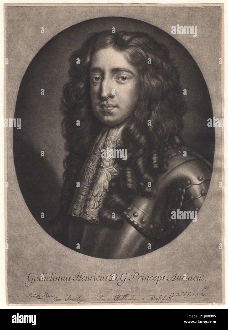 Dieses Kunstwerk von Gerard Valck, das auf dem Porträt von Sir Peter Lely basiert, zeigt König Wilhelm III., als er Prinz von Orange war. Wilhelm III. Wurde später König von England, Irland und Schottland, bekannt für seine Rolle in der glorreichen Revolution. Das Gemälde zeigt den Prinzen in seinen frühen Tagen und zeigt ein königliches und würdevolles Bild. Das Werk spiegelt den Einfluss des Stils von Sir Peter Lelyâ wider, der im 17. Jahrhundert populär war. Stockfoto