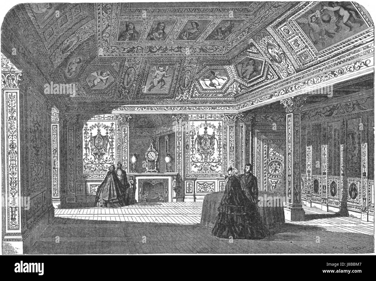„La salle du Livre d’Or“ ist eine Holzschnitt-Illustration von Hustin aus dem Jahr 1854, die einen historischen Raum darstellt und 1904 in einer Sammlung von Kunstwerken veröffentlicht wurde. Stockfoto
