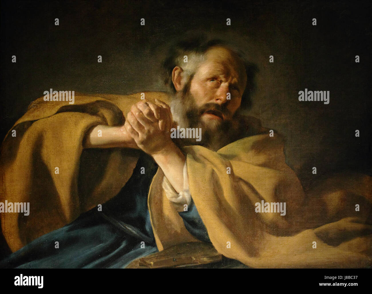 Ein Kunstwerk mit dem Titel „Le Repentir de saint Pierre“, das die Buße des heiligen Peters darstellt und religiöse Themen und künstlerischen Ausdruck zeigt. Stockfoto