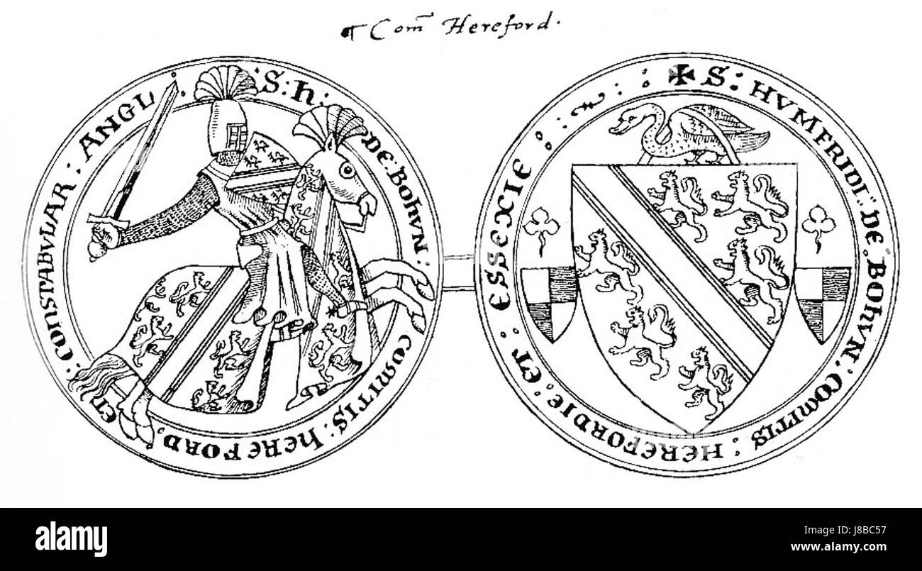 Dieses Bild ist eine Darstellung von Humphrey de Bohun, einem prominenten englischen Adligen aus dem frühen 14. Jahrhundert. Er hatte den Titel Earl of Hereford und war bekannt für seine militärischen und politischen Beiträge während der Regierungszeit Eduards II Stockfoto