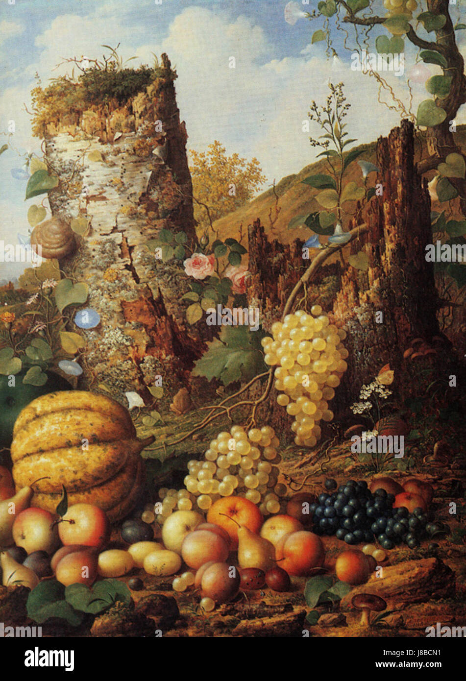 Ein Gemälde oder Foto von Legashov, das eine stille Landschaft darstellt und die natürlichen Elemente mit einem Schwerpunkt auf Ruhe und landschaftlicher Schönheit einfängt. Stockfoto