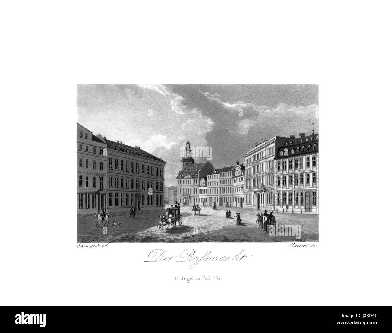 Der Rossmarkt in Frankfurt am Main ist ein historischer Platz, der für seine Markttätigkeiten, wie Viehhandel und öffentliche Versammlungen, bekannt ist. Er ist einer der wichtigsten städtischen Räume der Stadt. Stockfoto