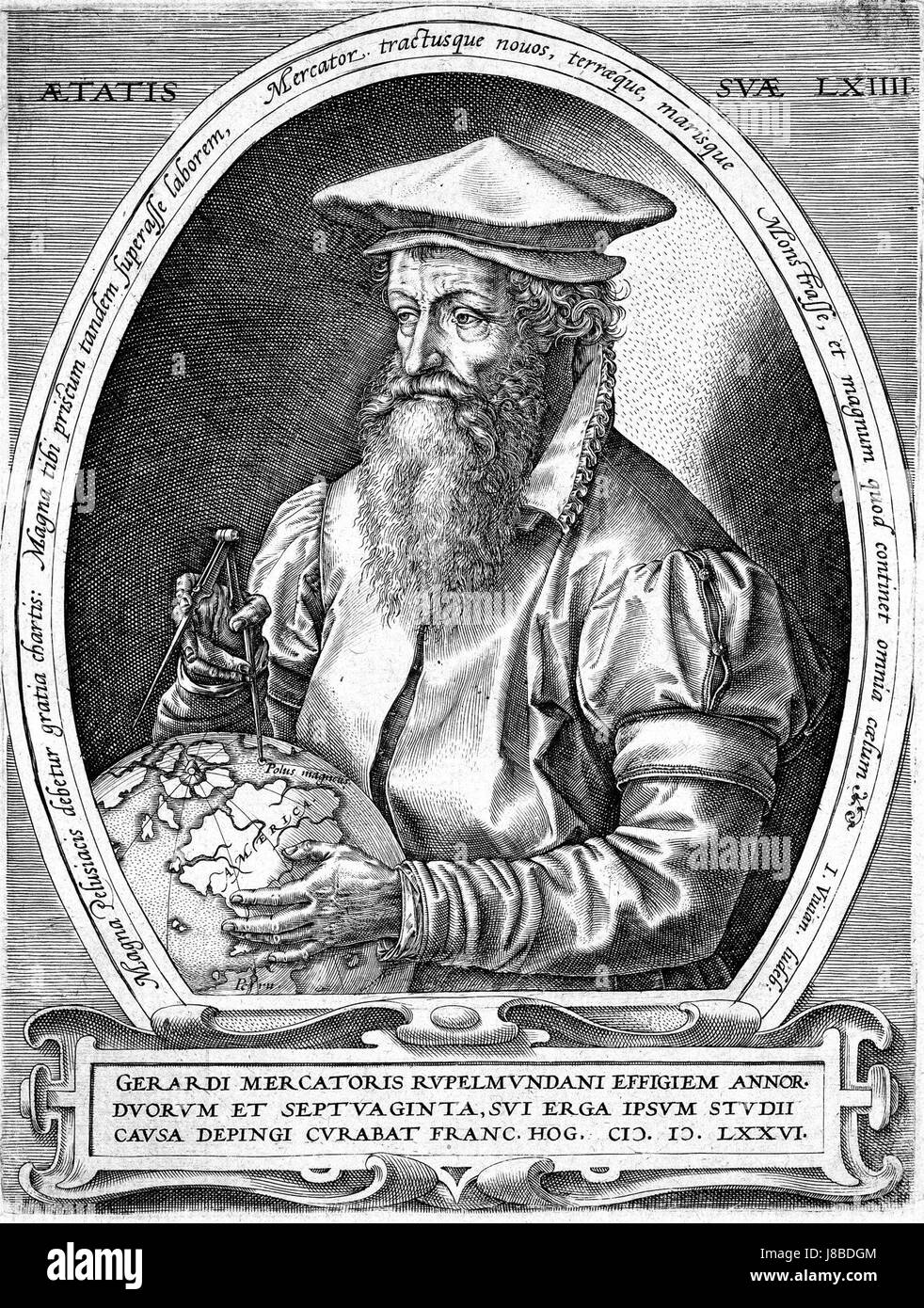Gerardus Mercator war ein renommierter flämischer Kartograph, der vor allem für die Entwicklung der Mercator-Projektion bekannt war, einem Kartendesign, das Navigation und Geographie revolutionierte. Stockfoto