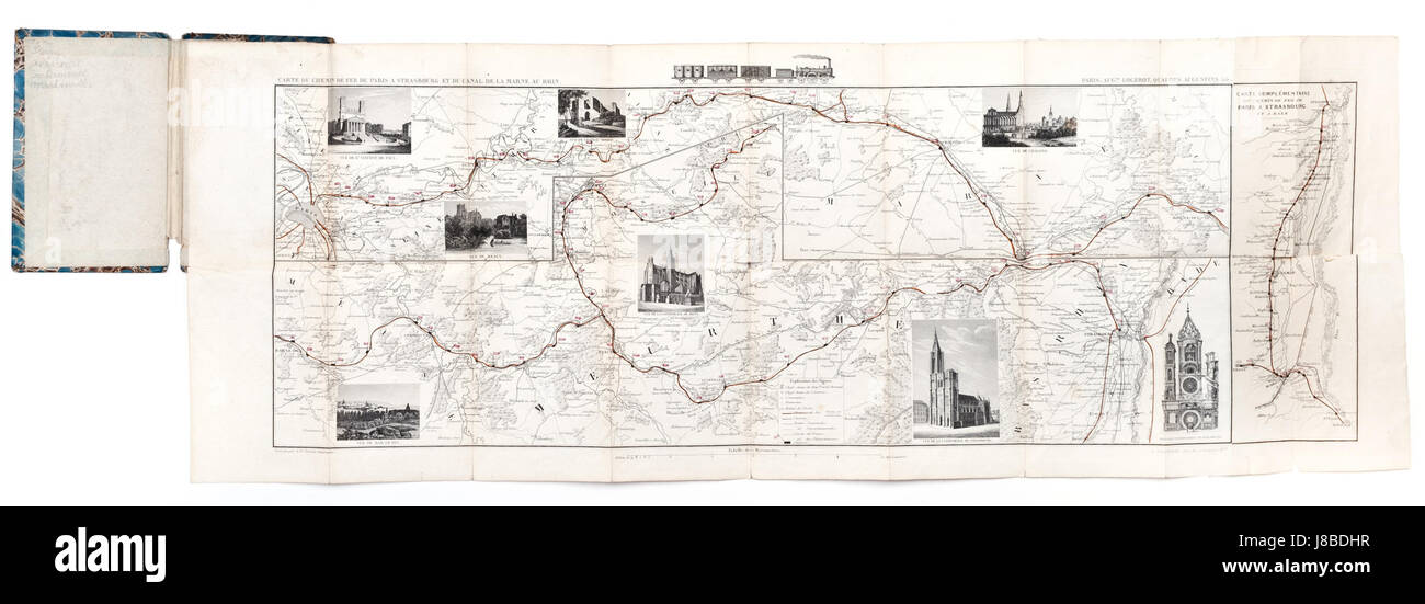 Diese Eisenbahnkarte von 1902 zeigt die Zugstrecke zwischen Paris, Straßburg und Basel und zeigt die wichtigsten Eisenbahnstrecken zwischen Frankreich, Deutschland und der Schweiz. Die Karte zeigt die Infrastruktur des frühen 20. Jahrhunderts und zeigt die Entwicklung des Schienennetzes in Europa und die Bedeutung dieser Städte als wichtige Verkehrsknotenpunkte in der Region. Stockfoto