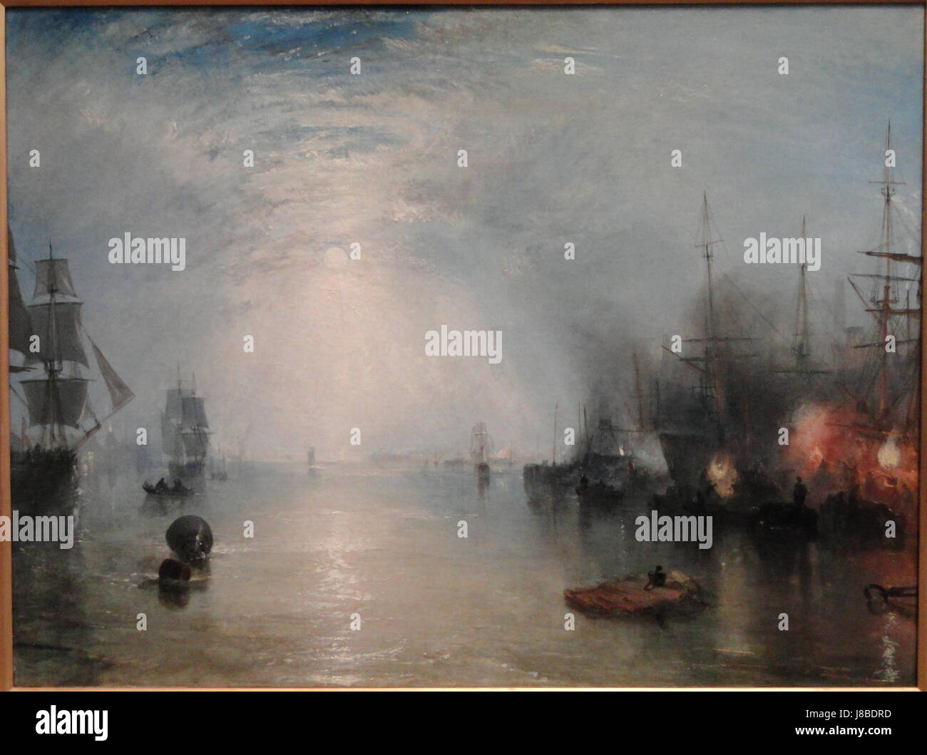 Das Gemälde „Keelmen heaving in Coals by Moonlight“ von J.M.W. Turner zeigt Arbeiter, die unter Mondschein Kohle auf Schiffe laden, und erfasst eine schroffe, atmosphärische Szene der Industrie des 19. Jahrhunderts. Das 1835 fertiggestellte Ölgemälde befindet sich in der National Gallery of Art in Washington. Stockfoto