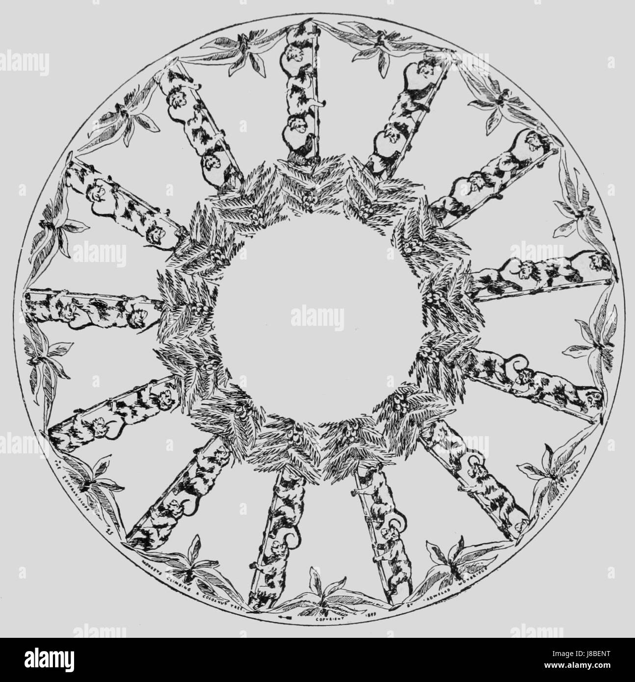Dieser Titel bezieht sich auf einen Zoopraxographen, eine frühe fotografische Technik, die zur Darstellung von Bewegungen verwendet wird und insbesondere Affen zeigt, die auf eine Kakaopalme klettern. Es beleuchtet frühe Studien in der Bewegungsfotografie. Stockfoto