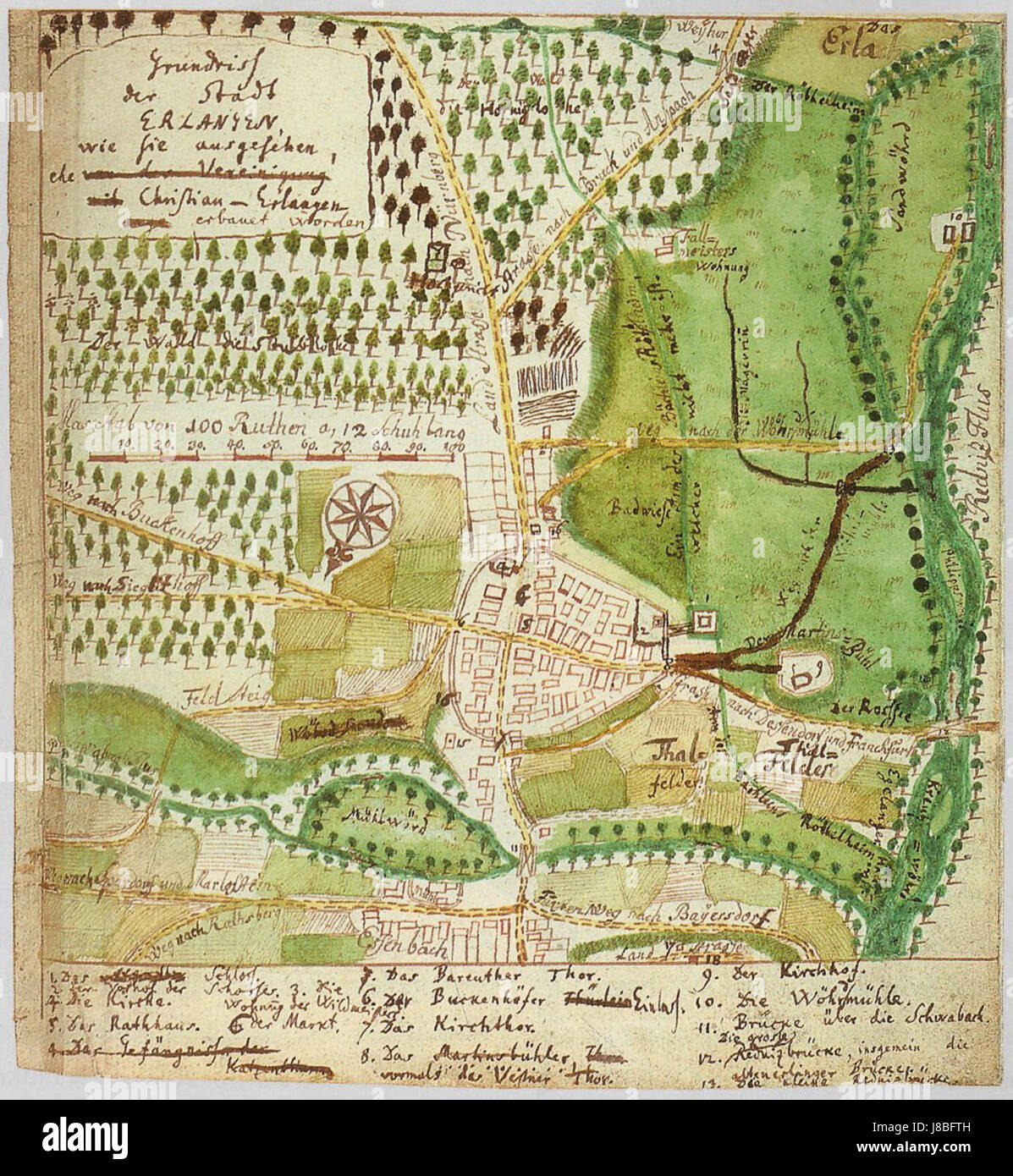 Diese Karte von Erlangen aus dem Jahr 1686 zeigt das Stadtbild vor der bedeutenden Stadtentwicklung und bietet einen Blick auf die frühen Bauten und Straßen. Stockfoto