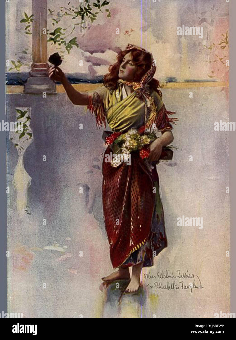 Ein Foto oder Porträt der Schauspielerin Ellaline Terriss in ihrer Rolle als Bluebell in „Bluebell in Fairyland“, einem populären Musical aus der viktorianischen Zeit. Die Performance zeigt ihre Bühnenpräsenz und ihr Schauspieltalent in der skurrilen, märchenhaften Produktion. Stockfoto