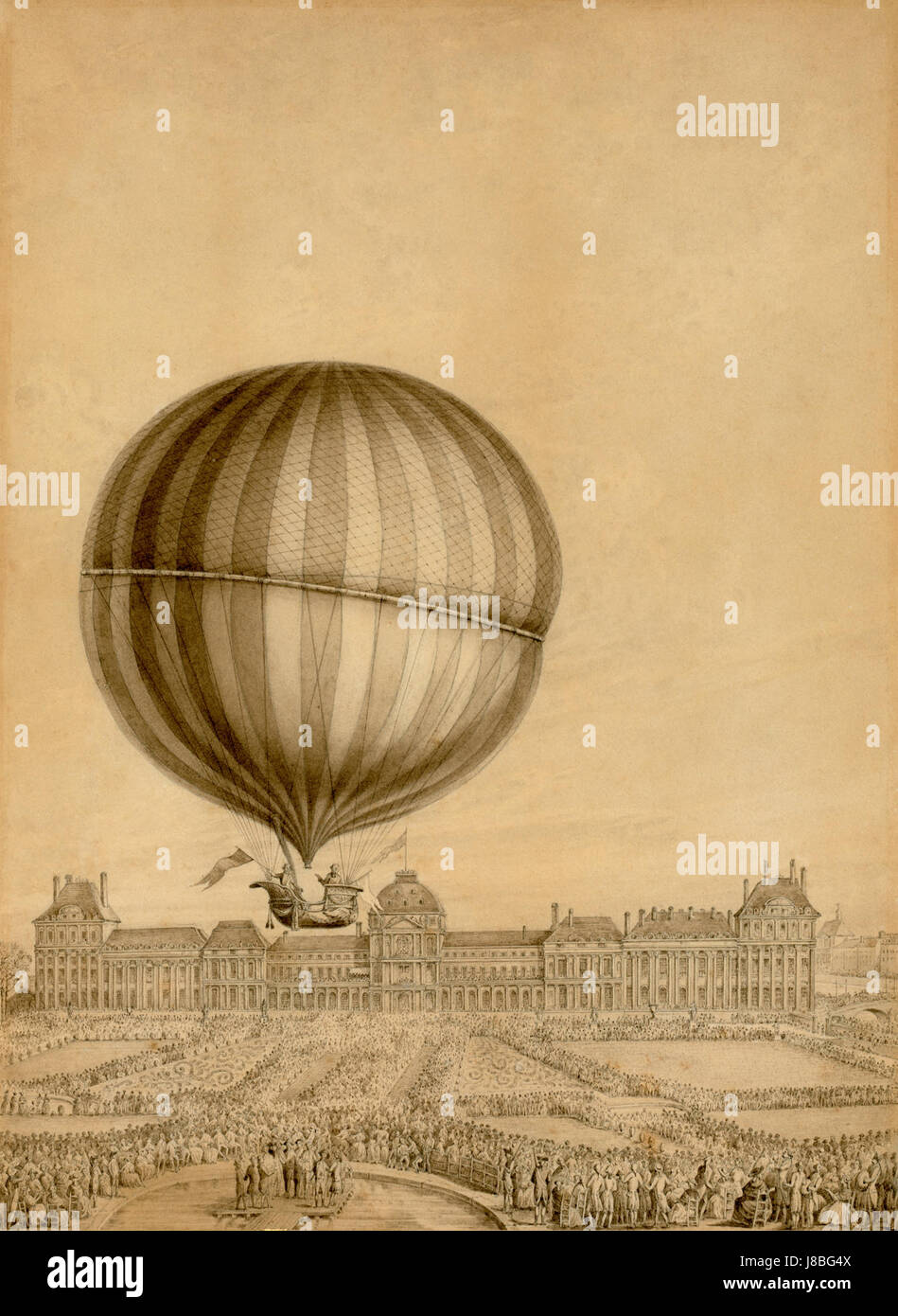 Jacques Charles war ein französischer Erfinder und Aeronaut, der für seine Beiträge zur Entwicklung des Luftschiffs bekannt ist. Dieser Bezug beschreibt wahrscheinlich seine Rolle bei der Pionierarbeit der Luftschifftechnologie im 18. Jahrhundert. Stockfoto