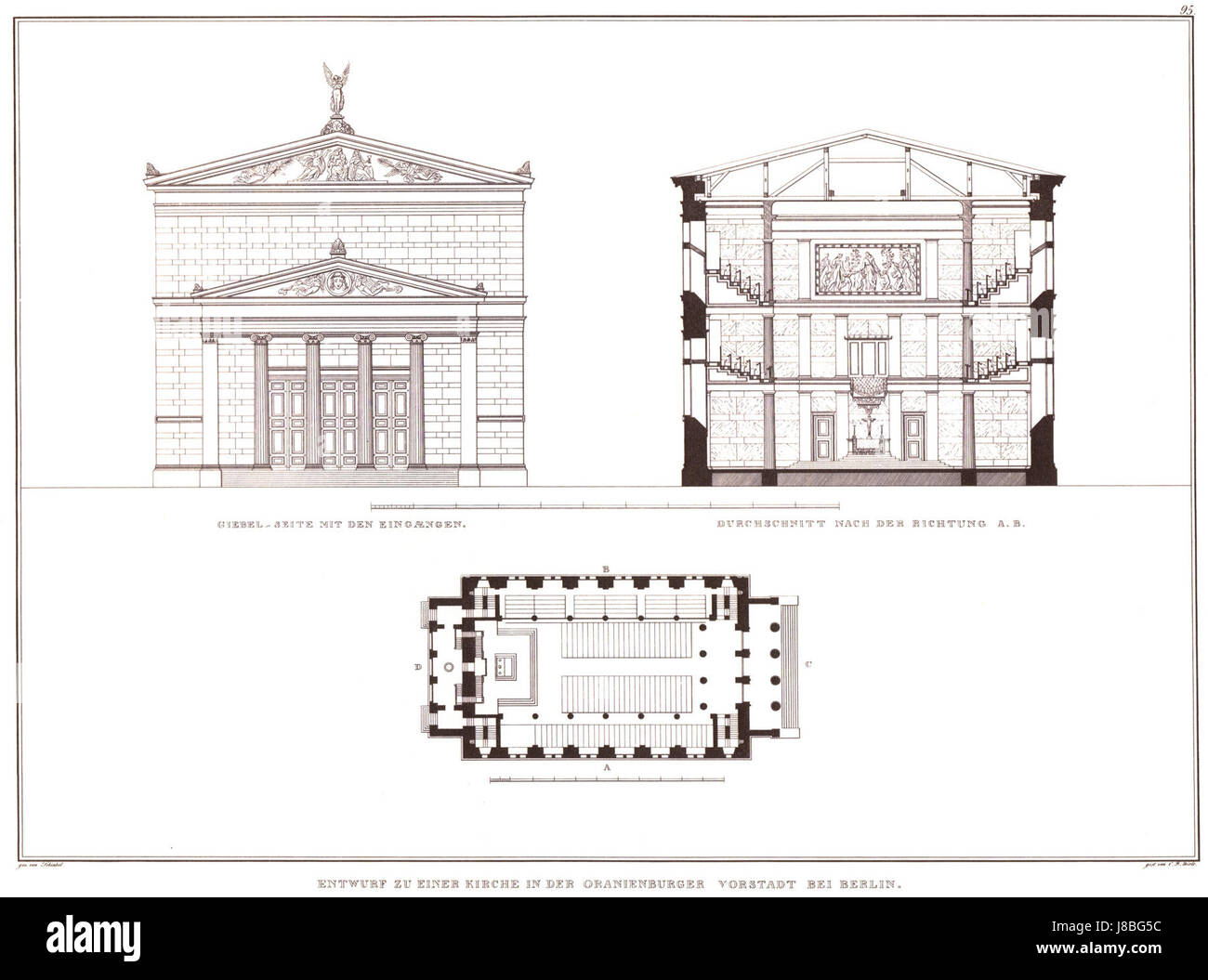 Entwurf Kirchen Oranienburger Vorstadt II Vorderansicht ist eine Architekturzeichnung von Carl Friedrich Schinkel, die die Vorderansicht einer geplanten Kirche in der Oranienburger Vorstadt in Berlin darstellt. Stockfoto