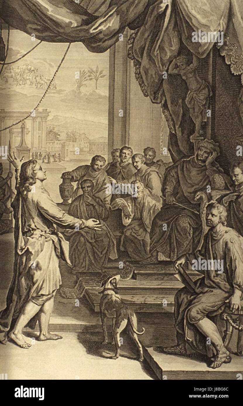 Diese Szene zeigt den biblischen Moment, in dem Joseph Pharaos Traum interpretiert, ein Schlüsselereignis im Buch Genesis, das Josephs Weisheit und göttliche Einsicht hervorhebt. Stockfoto
