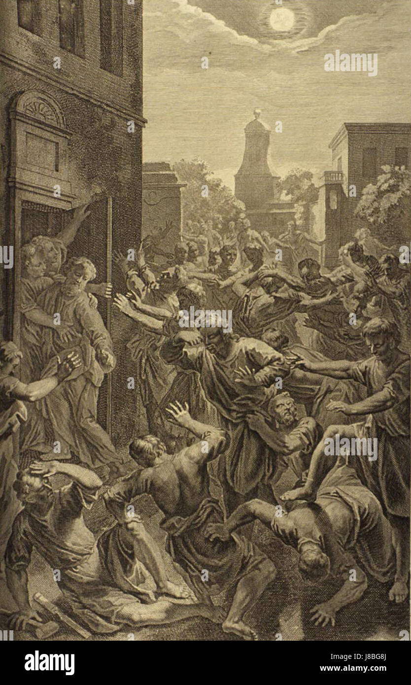 Dieses Kunstwerk zeigt die biblische Geschichte aus der Genesis, in der die Männer von Sodom durch göttliche Intervention als Reaktion auf ihre Handlungen blind geschlagen werden. Stockfoto