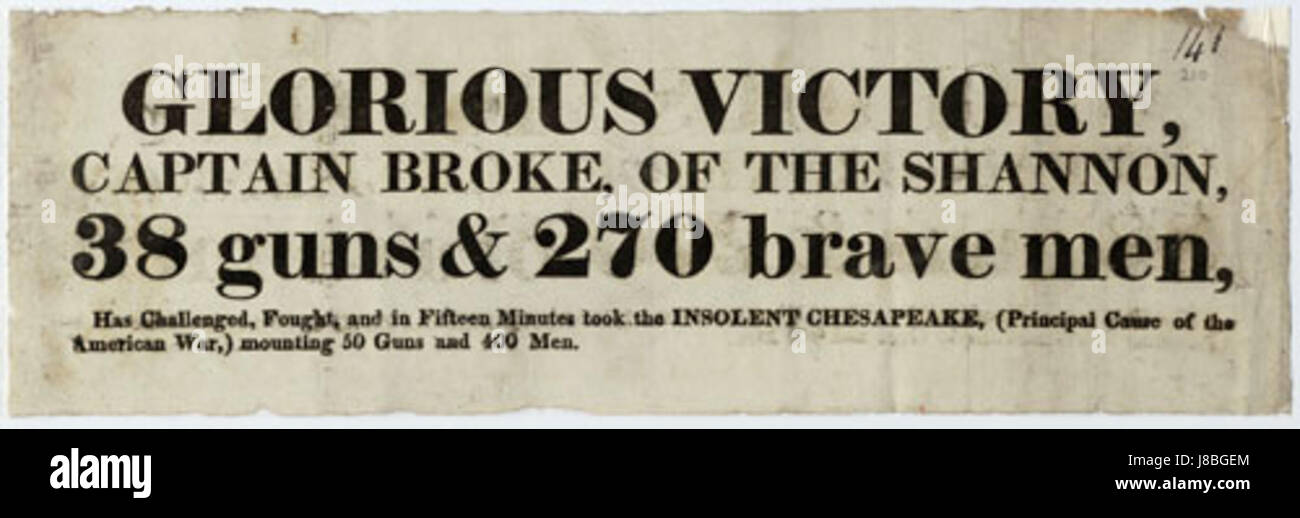 HMS Shannon bezieht sich auf eine Fregatte der britischen Royal Navy, die für ihre Rolle in Seeschlachten bekannt ist, einschließlich des berühmten Sieges über die USS Chesapeake von 1813. Der zeitungsartikel diskutiert seine historische Bedeutung. Stockfoto