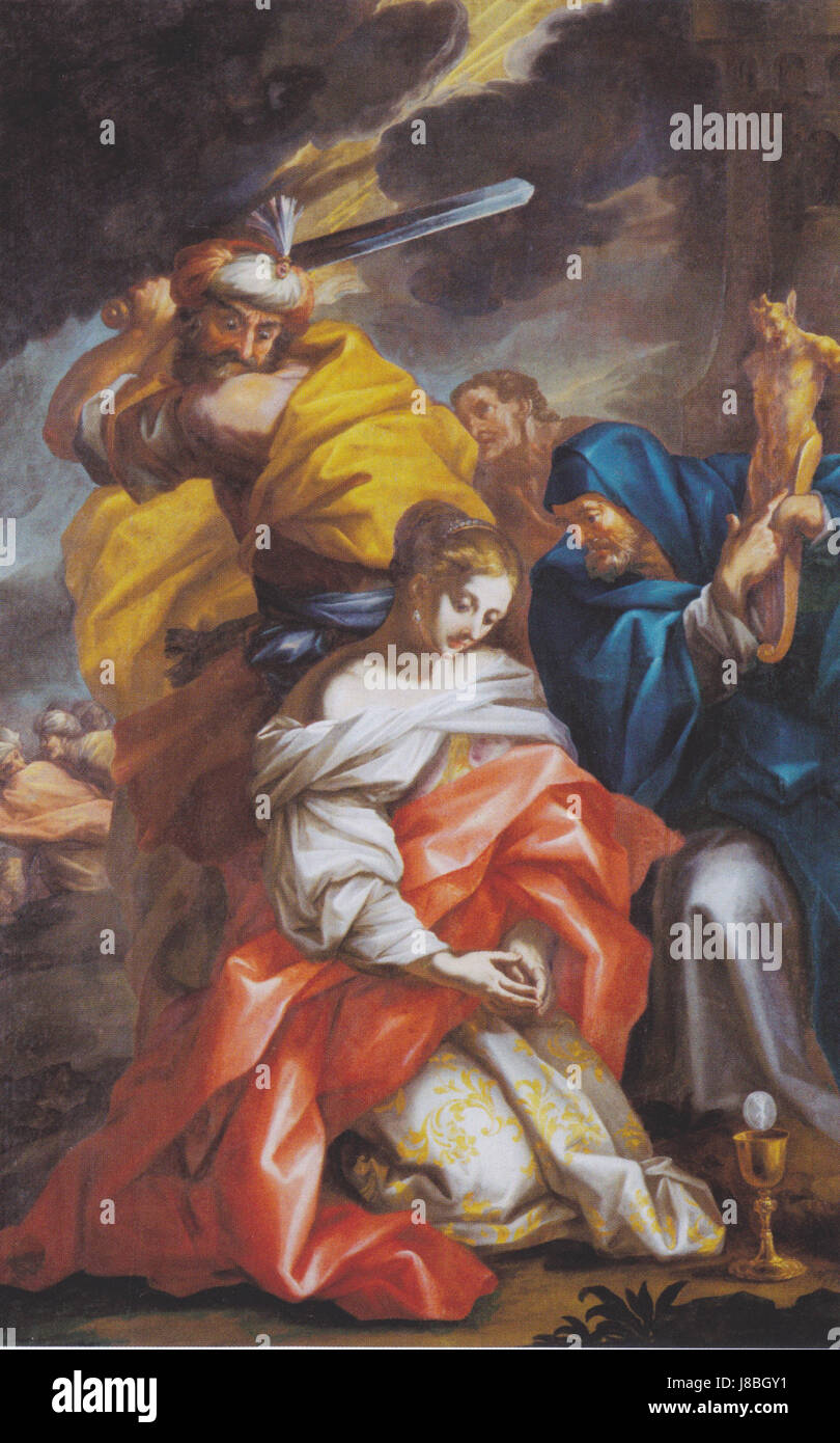 „Die Enthauptung der Heiligen Barbara“ ist ein historisches Kunstwerk, das die Enthauptung der Heiligen Barbara darstellt. Das Stück hebt das tragische Martyrium der heiligen hervor, die von ihrem Vater wegen ihres christlichen Glaubens zum Tode verurteilt wurde. Das Kunstwerk fängt den Moment ihrer Hinrichtung auf düstere und dramatische Weise ein. Stockfoto