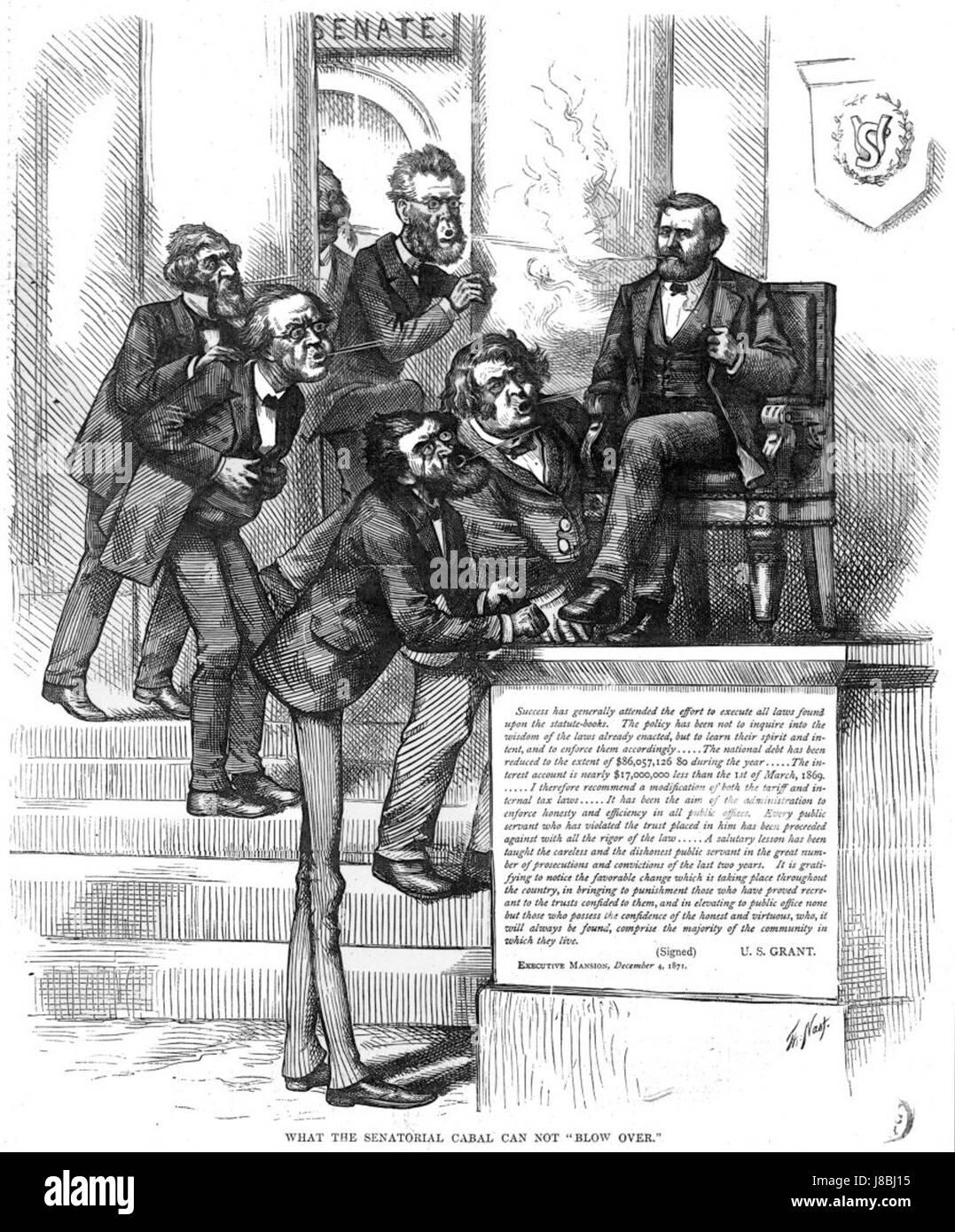 „Grant Blown by a Cabal of Senators“ scheint ein politischer Kommentar zu sein, möglicherweise ein historisches Ereignis oder eine Illustration, die US-Präsident Ulysses S. Grant und politische Kämpfe mit Senatoren während seiner Amtszeit darstellt. Stockfoto
