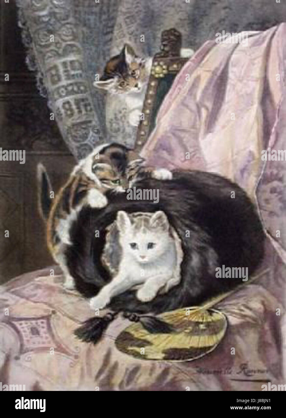 Henriette Ronner Knips „Hide and Seek“ ist eine Radierung aus dem 19. Jahrhundert, die ihr Können in der Darstellung verspielter Tierszenen veranschaulicht. Dieses Kunstwerk veranschaulicht ihre detaillierte Darstellung von Tieren in natürlichen Umgebungen, insbesondere Katzen, und zeigt ihre raffinierte Ätztechnik. Stockfoto