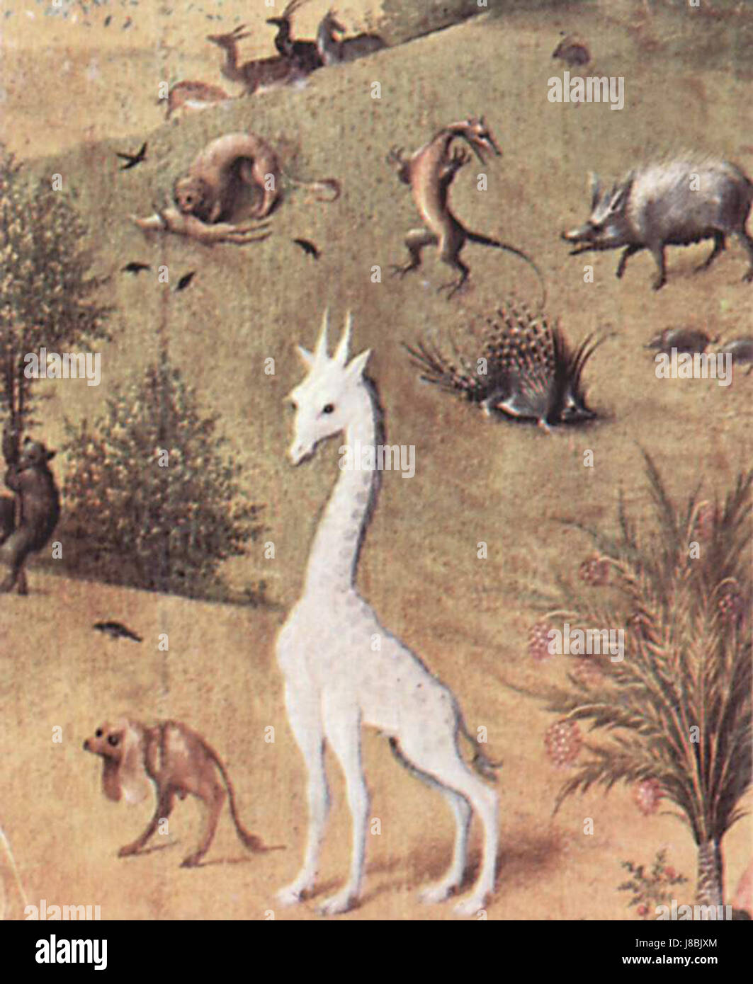 Dieses Bild stellt wahrscheinlich ein berühmtes Werk von Hieronymus Bosch dar, bekannt für seinen surrealen und symbolischen Malstil. Boschâ Arbeiten umfassen oft fantastische Elemente, religiösen Symbolismus und lebendige Bilder. Stockfoto